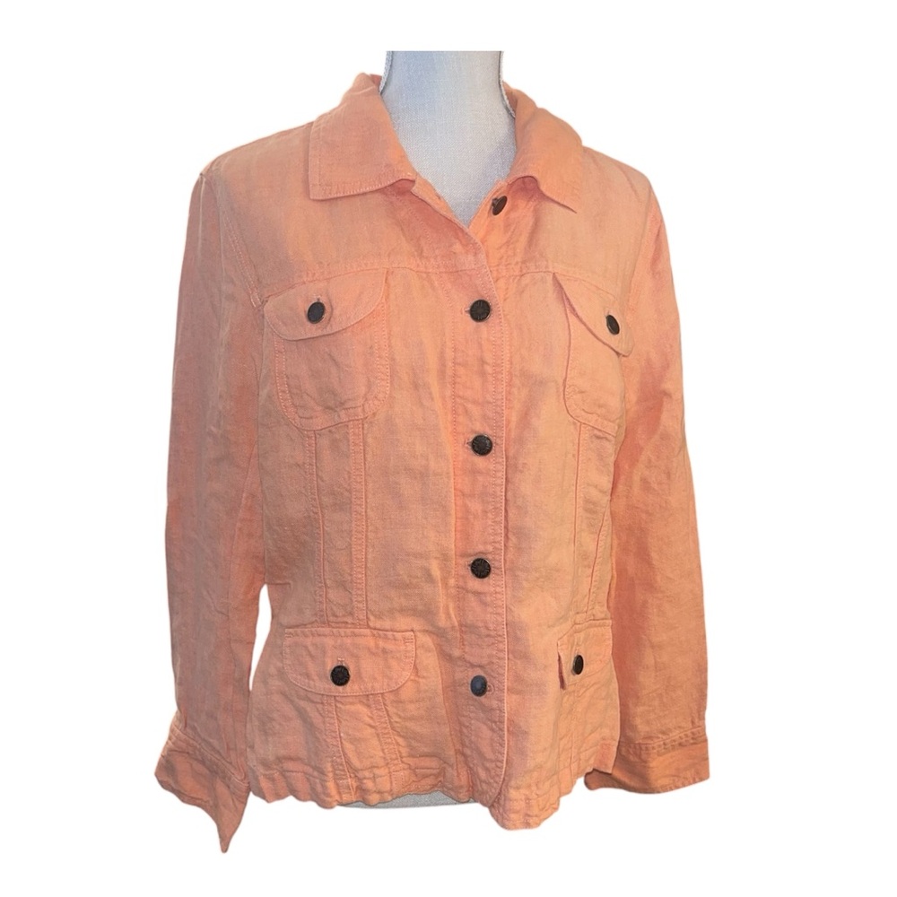 J.Jill 100% Linen Jacket Blazer Peach Coral Utility Casual Chic Size L
